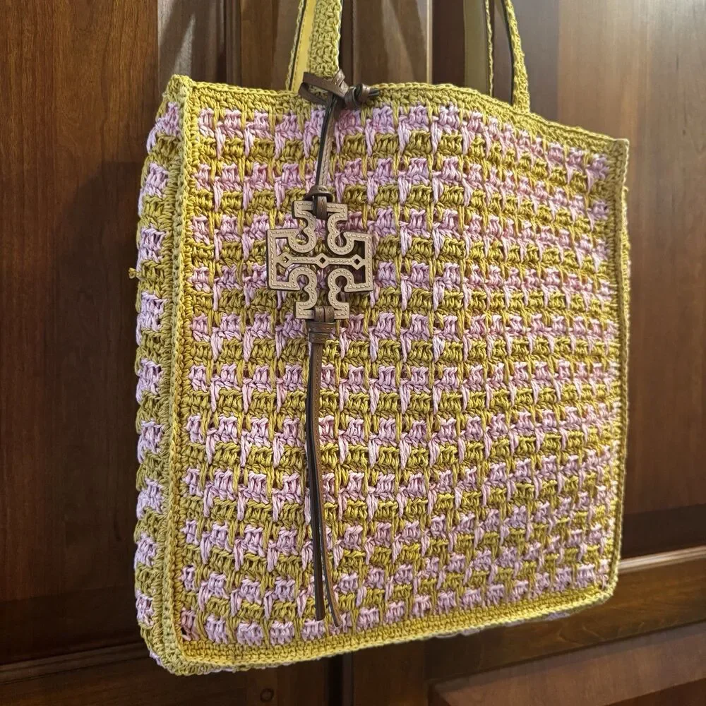 Tory Burch 165844 Straw Tote Pink Carnation Turmeric Raffia Bag NWT